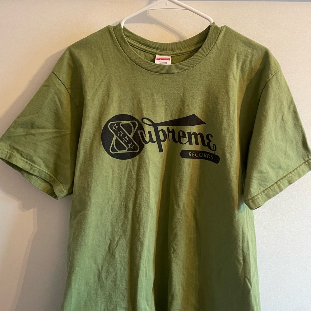 Supreme Olive Green Crewneck Tee with Red Logo Tag